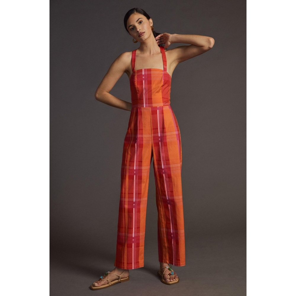Anthropologie Orange and Pink Plaid Jumpsuit